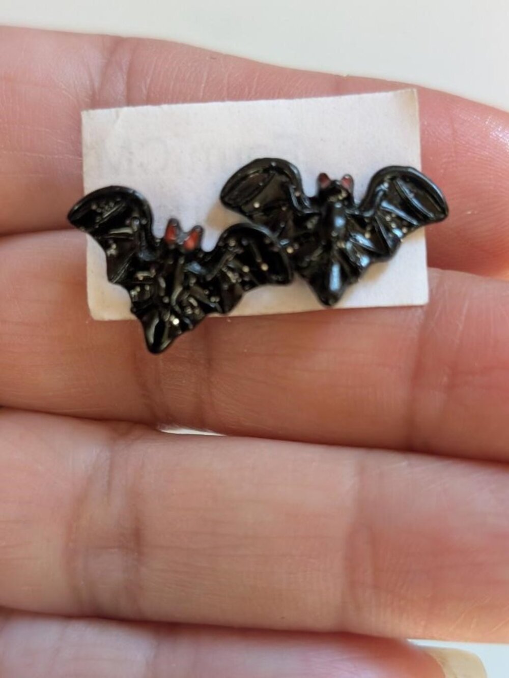 Vintage Halloween Acrylic Black Bat Stud Earrings with Red Eyes.